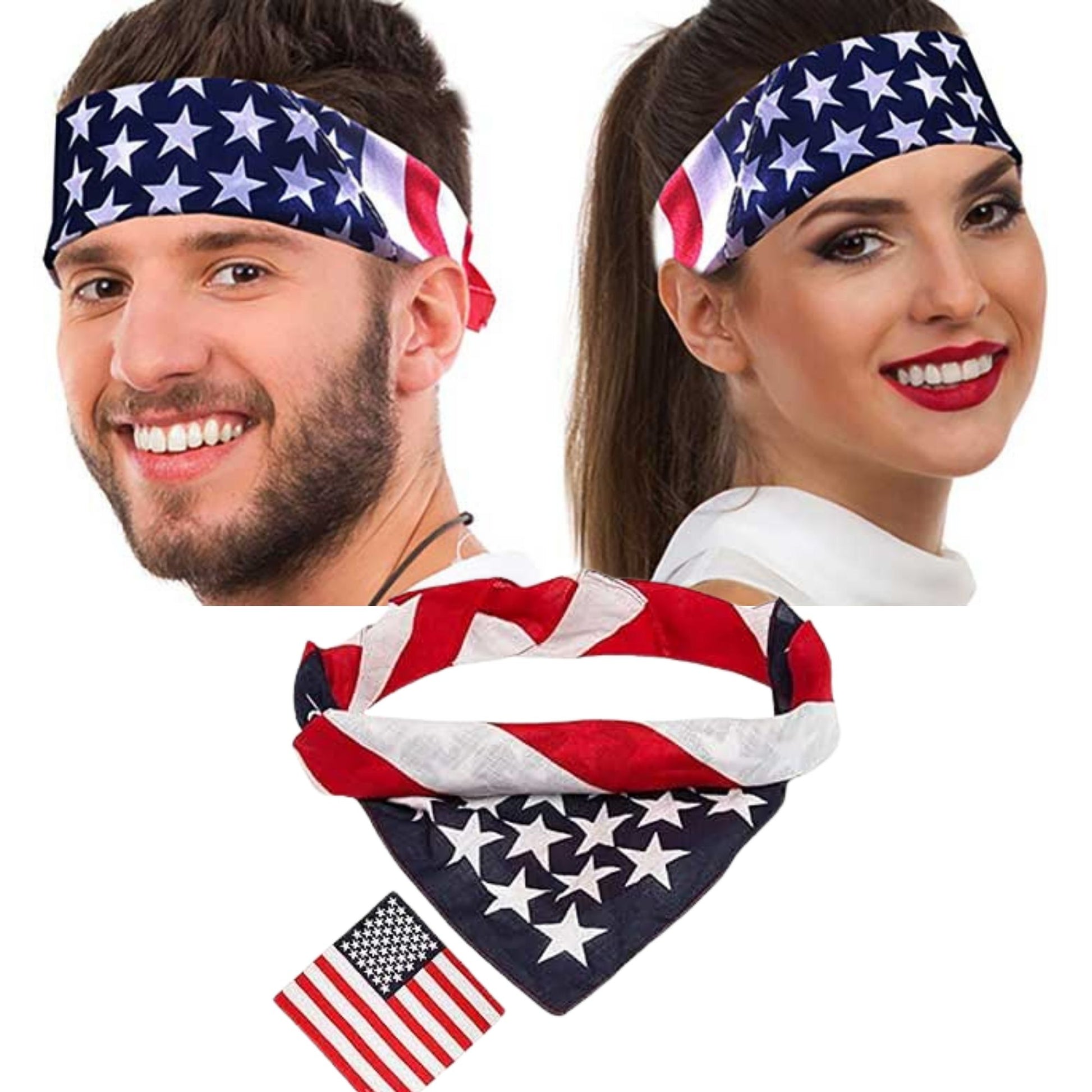 Two people wearing American flag headbands and a matching neck gaiter, with an American flag on a white background.