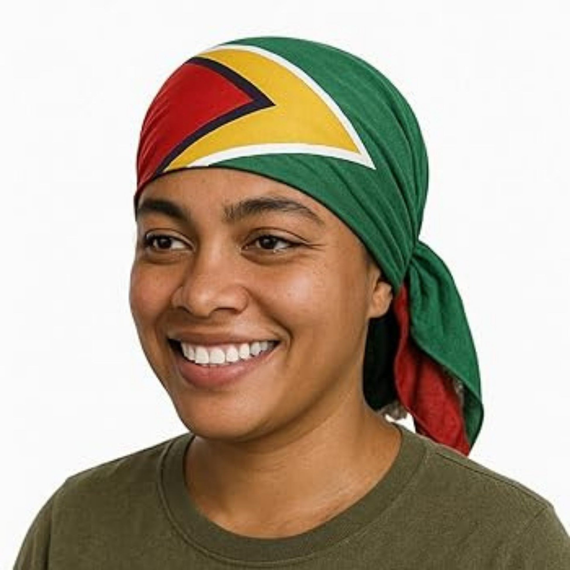 Person wearing a headscarf with Guyana's flag design on a white background
