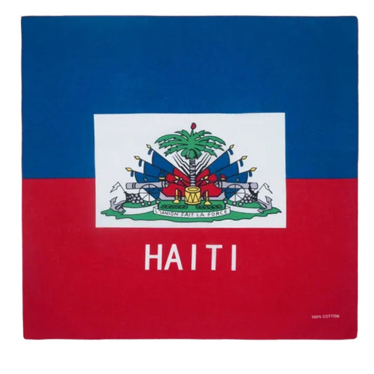 Haitian flag with coat of arms and 'HAITI' text on a blue and red background