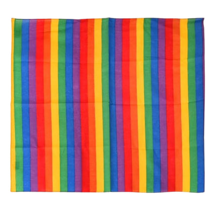 Rectangular fabric with rainbow striped pattern on a white background