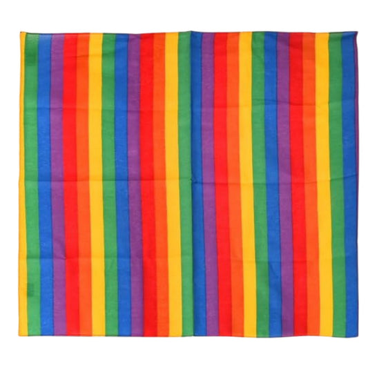 Rectangular fabric with rainbow striped pattern on a white background
