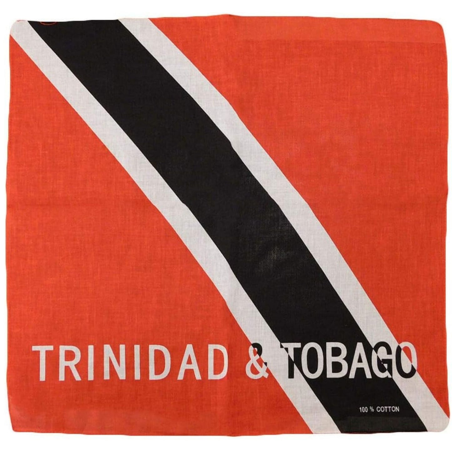 Trinidad and Tobago flag patterned fabric with 'TRINIDAD & TOBAGO' text on a red background
