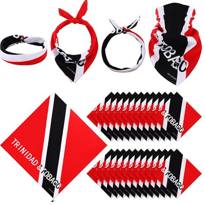 Collection of Trinidad and Tobago-themed bandanas and flags on a white background