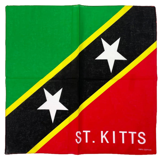 Folding towel with St. Kitts flag design on a green, black, yellow, and red background.