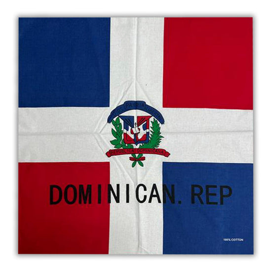 Flag of the Dominican Republic with a coat of arms and 'Dominican Rep' text on a white background