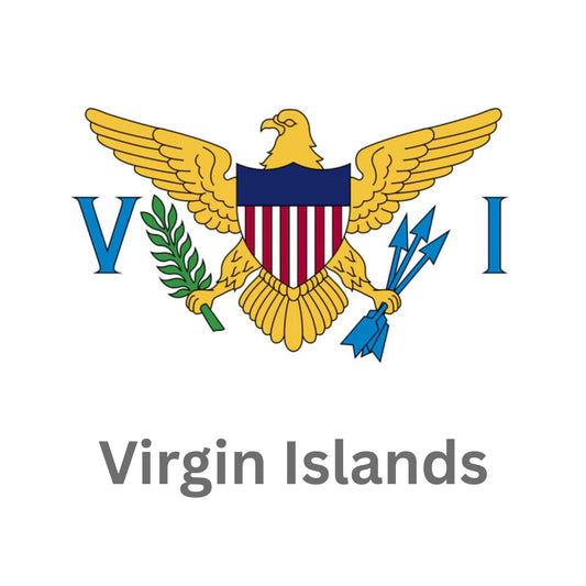Coat of arms of the Virgin Islands with an eagle, arrows, and palm leaves on a white background.
