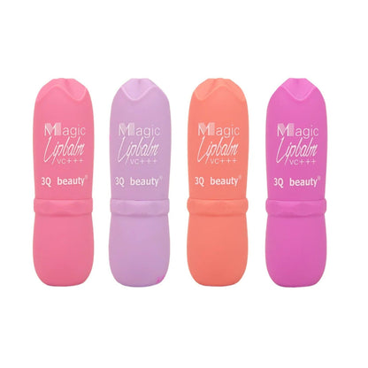 Four lip balms in pink, purple, orange, and pink with '3Q beauty' branding on a white background.