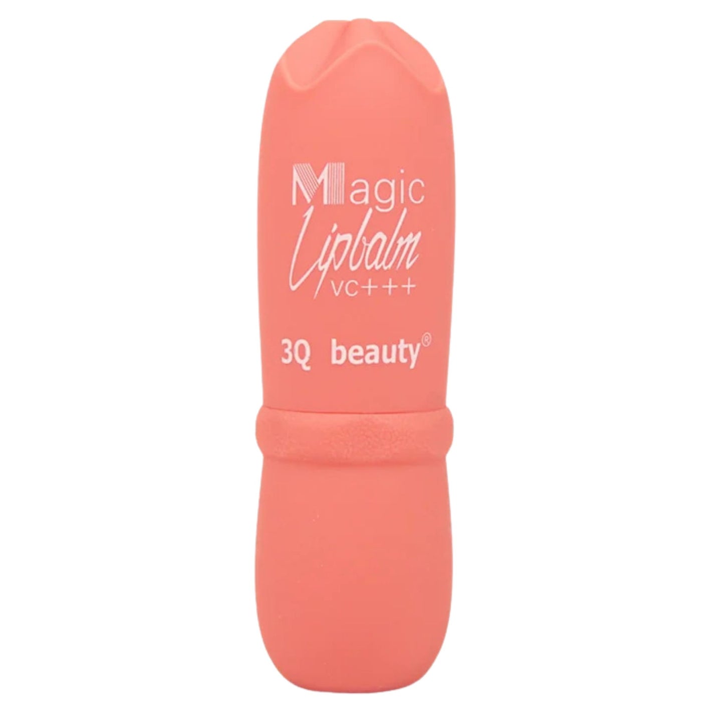 Coral lip balm with '3Q beauty' branding on a white background