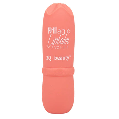 Coral lip balm with '3Q beauty' branding on a white background