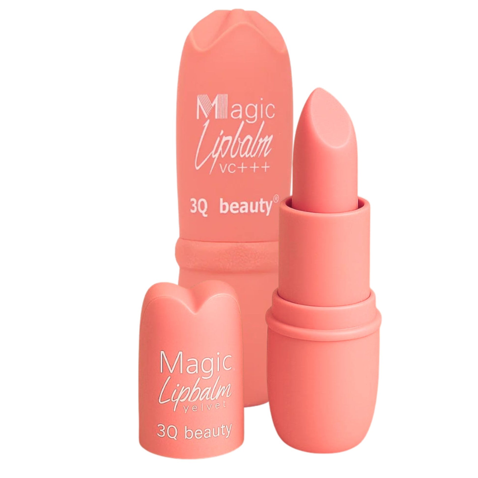 Coral-colored lip balm with '3Q beauty' branding on a white background