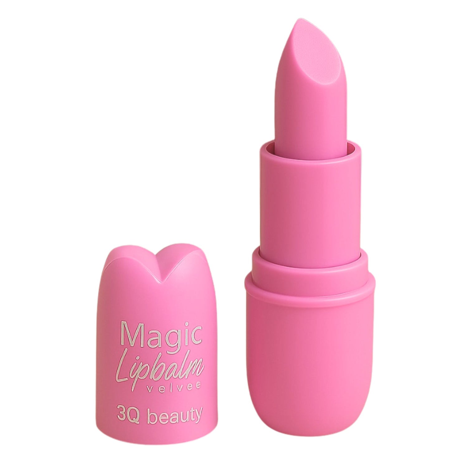 Pink lip balm with 'Magic Lipbalm Velvets' text on a white background