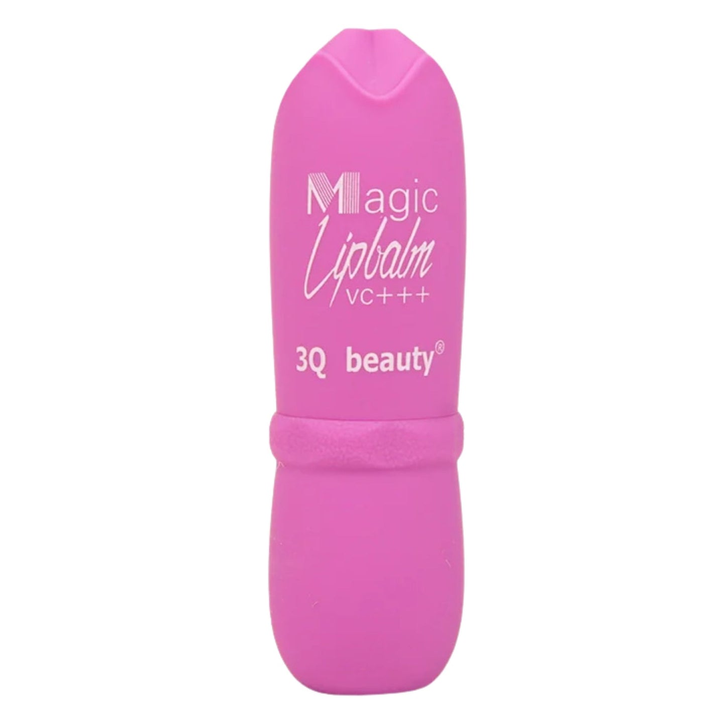 Pink lip balm with '3Q beauty' branding on a white background