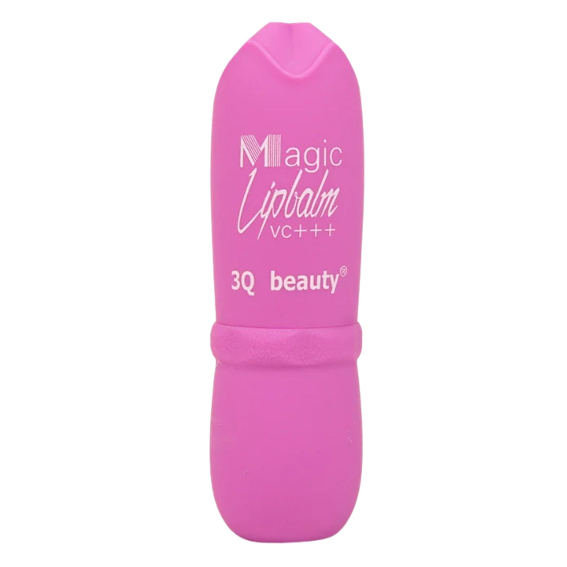 Pink lip balm with '3Q beauty' branding on a white background