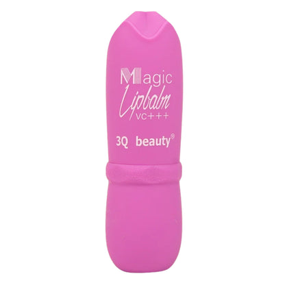 Pink lip balm with '3Q beauty' branding on a white background
