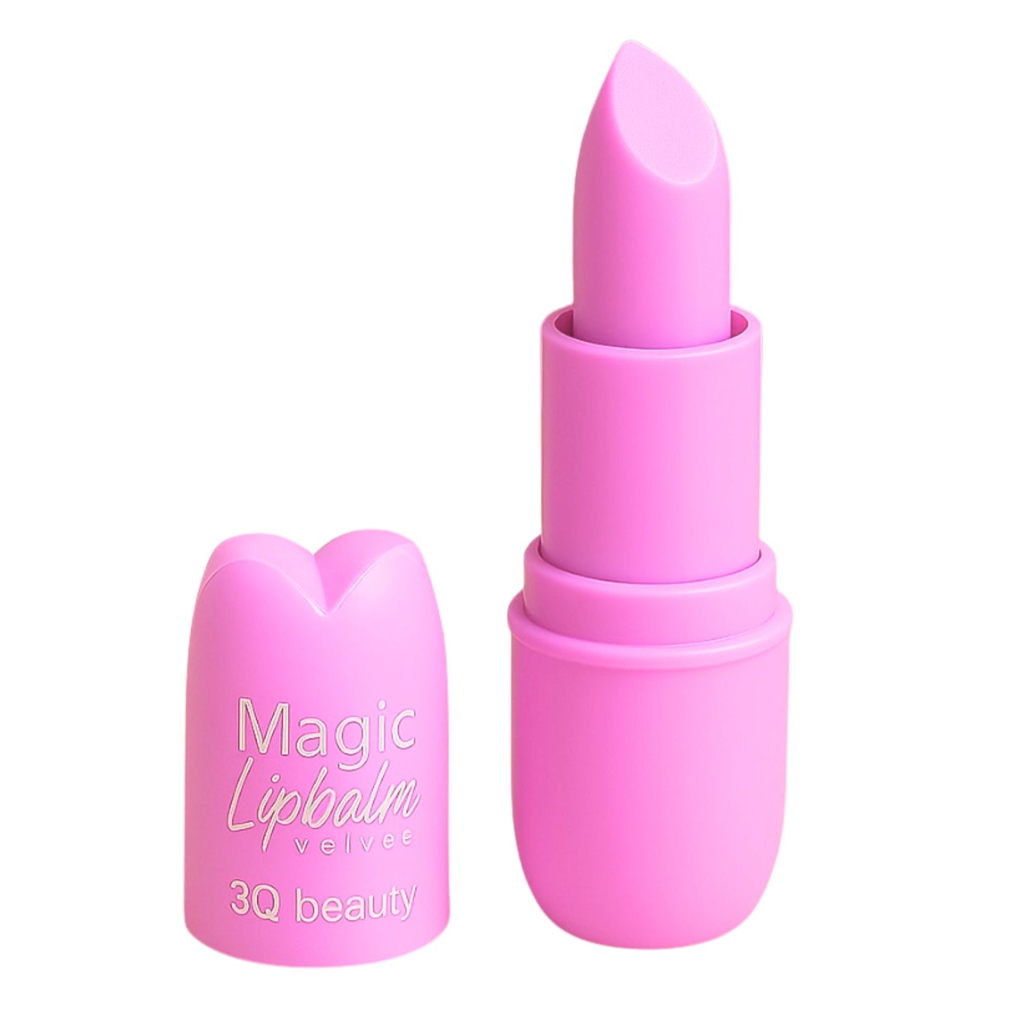 Pink lip balm with 'Magic Lipbalm Velvets' and '3Q beauty' branding on a white background