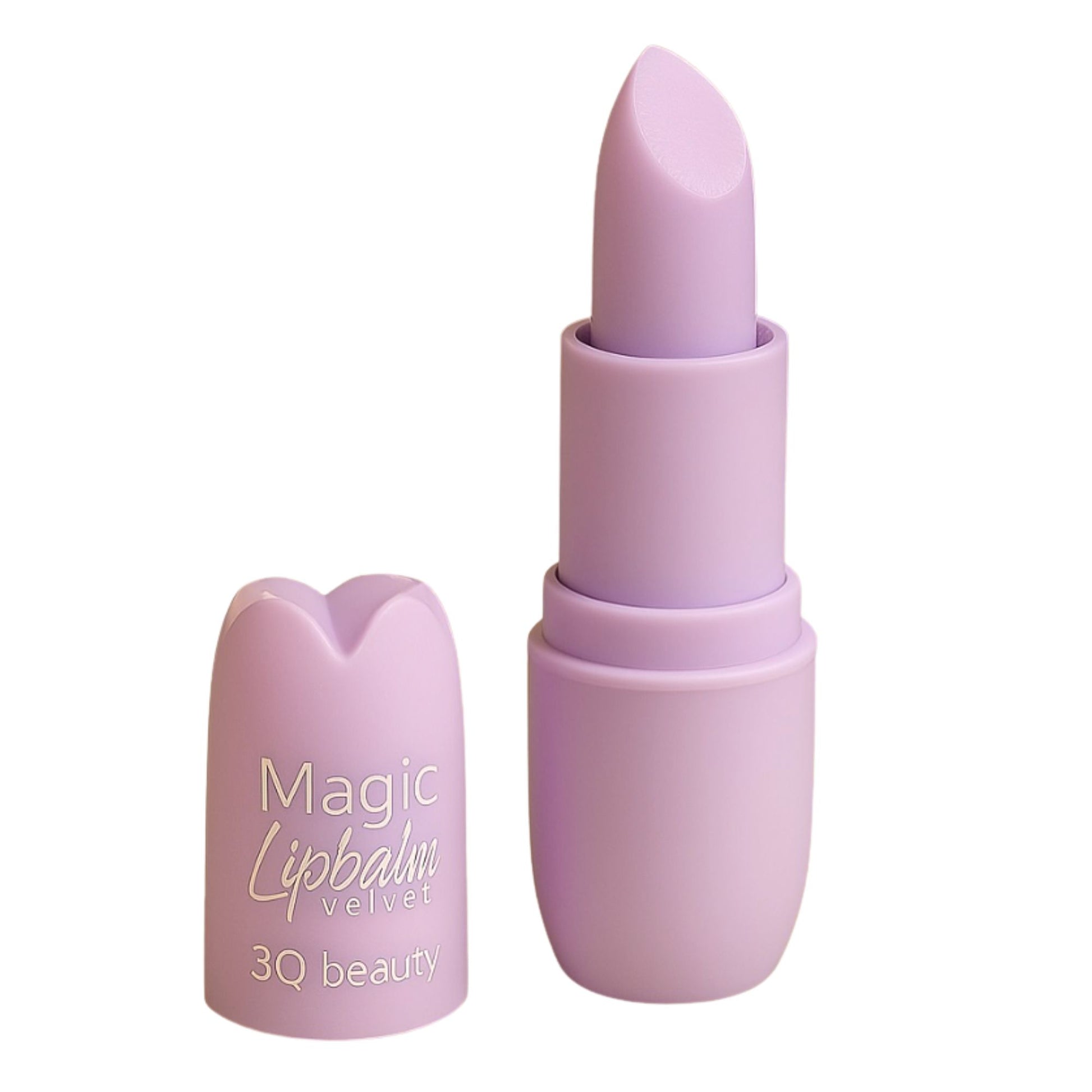 Purple lip balm with 'Magic Lipbalm Velvet' and '3Q beauty' text on a white background