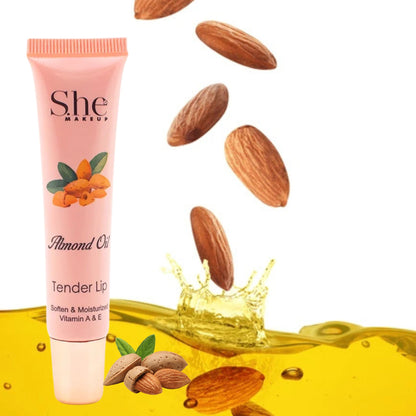 She Makeup Almond Oil Tender Lip balm with almonds and oil on a white background