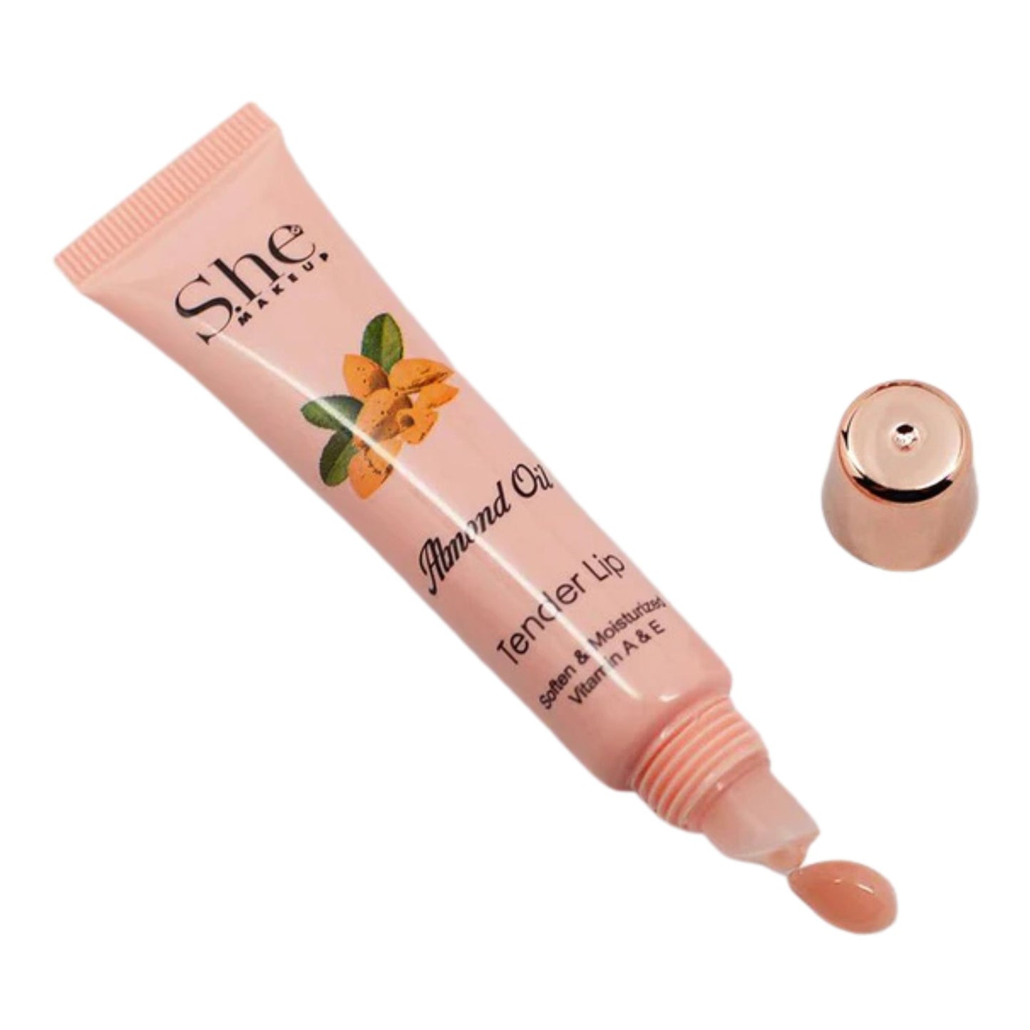 She Almond Oil Tender Lip balm tube with applicator on a white background