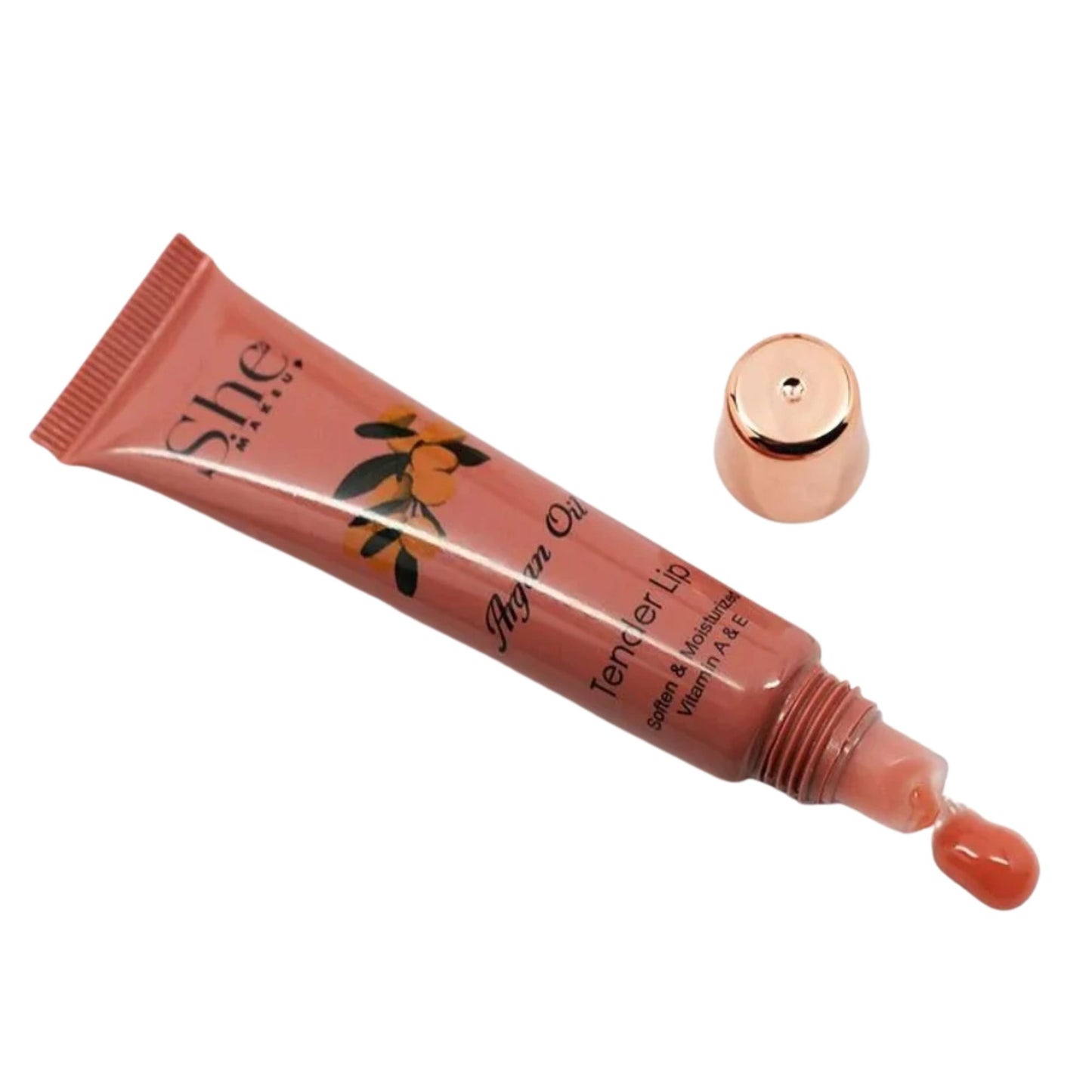 Lip balm tube with a droplet of lip balm on a white background