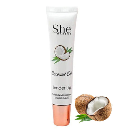 She Makeup Coconut Oil Tender Lip balm with a coconut on a white background