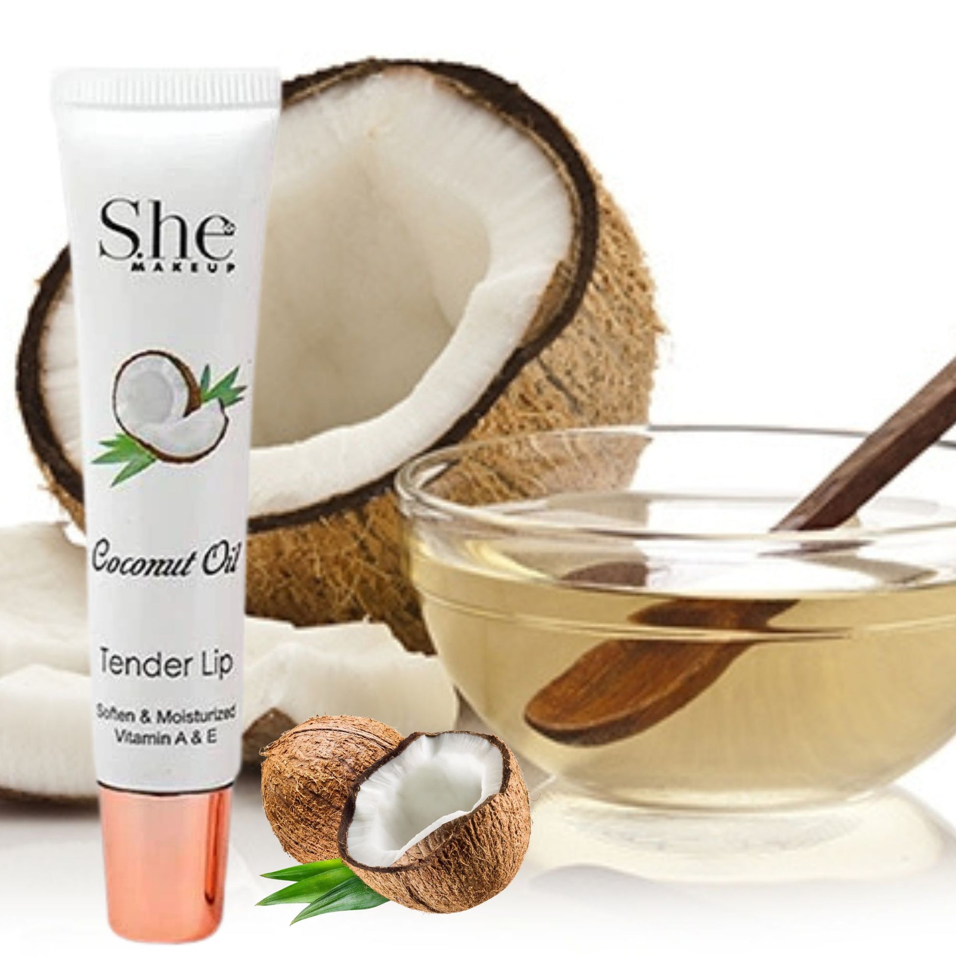 She Makeup Coconut Oil Tender Lip balm with a bowl of coconut oil and coconuts in the background.