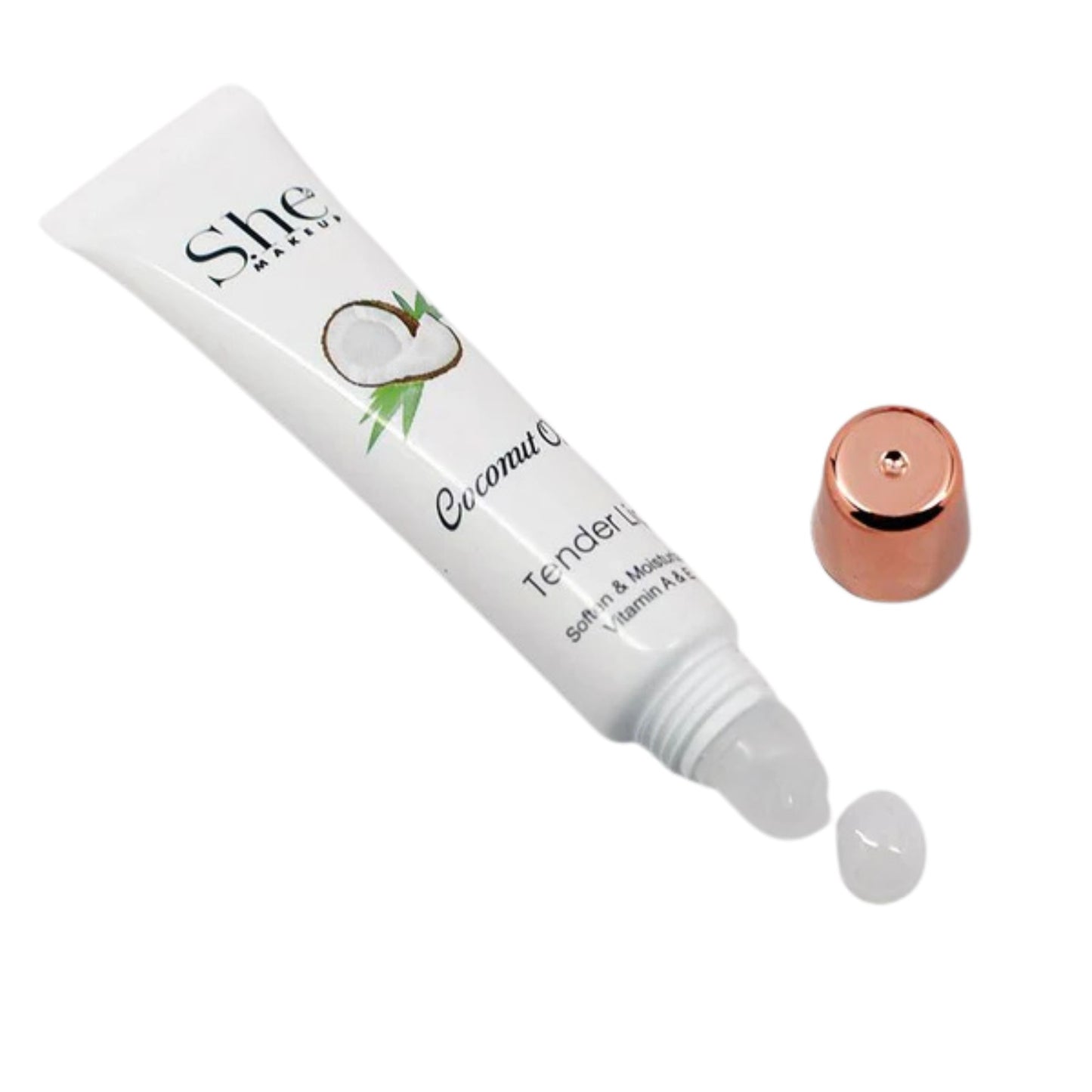 She Coconut Cream Tender lip balm with a droplet of product on a white background
