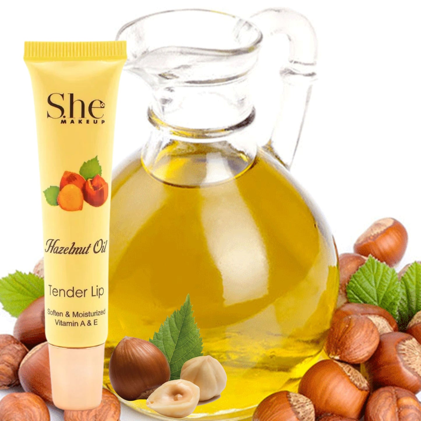 She Makeup Hazelnut Oil Tender Lip balm with a jar of oil and hazelnuts on a white background