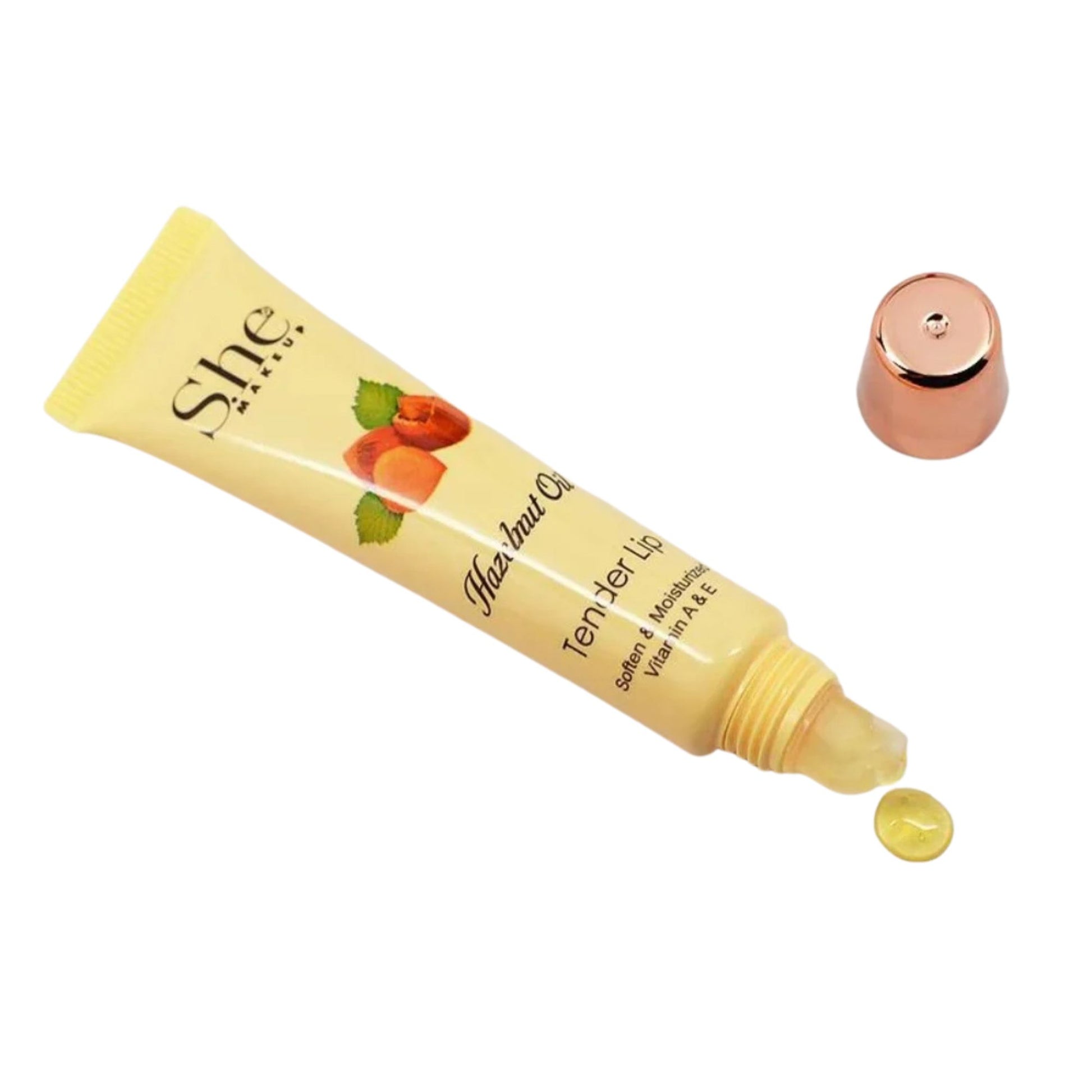 Sheer Fruit Color Tender Lip balm with a gold cap on a white background