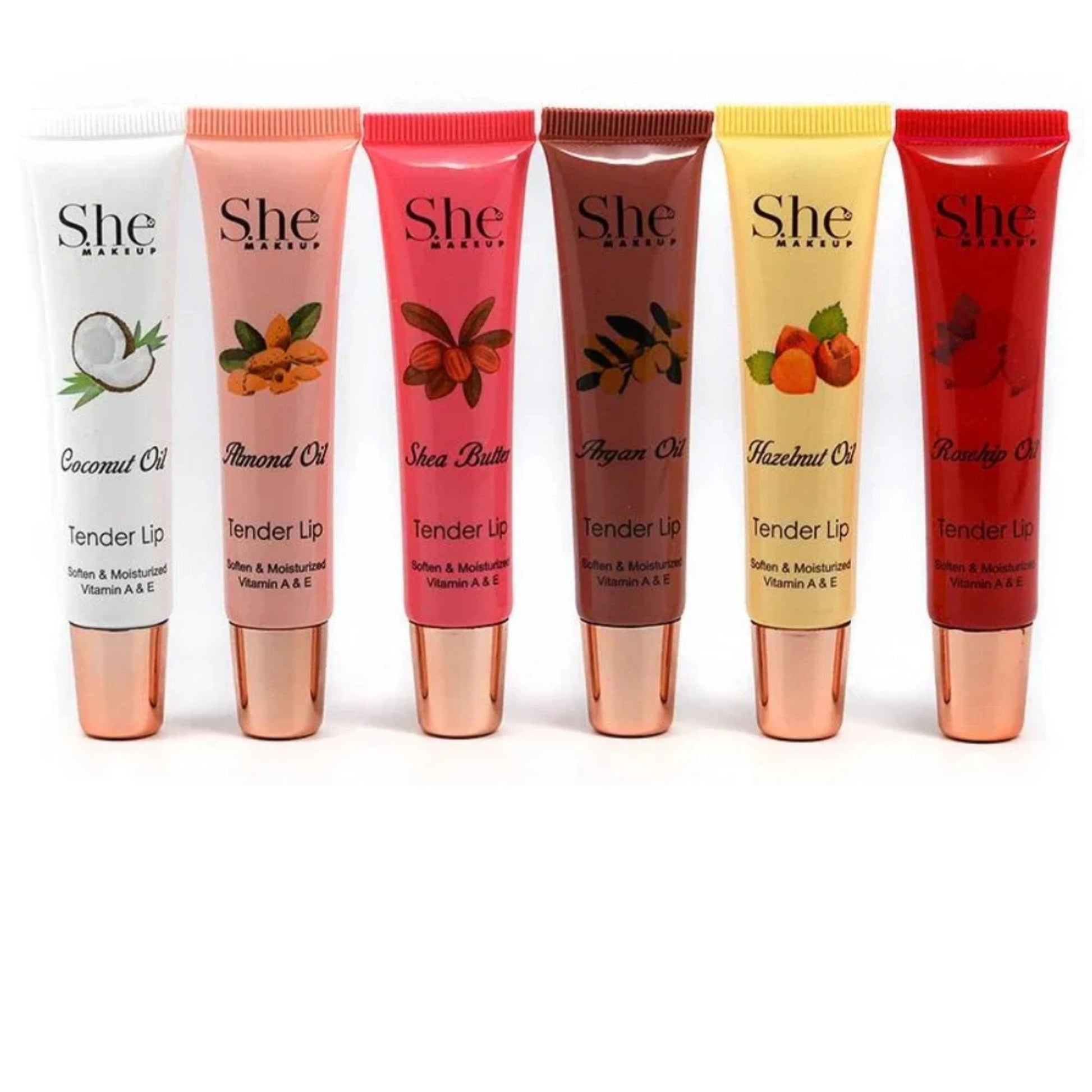 Set of six lip balm tubes with different flavors on a white background