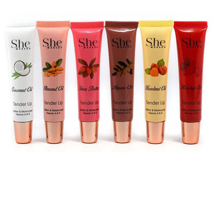 Set of six lip balm tubes with different flavors on a white background