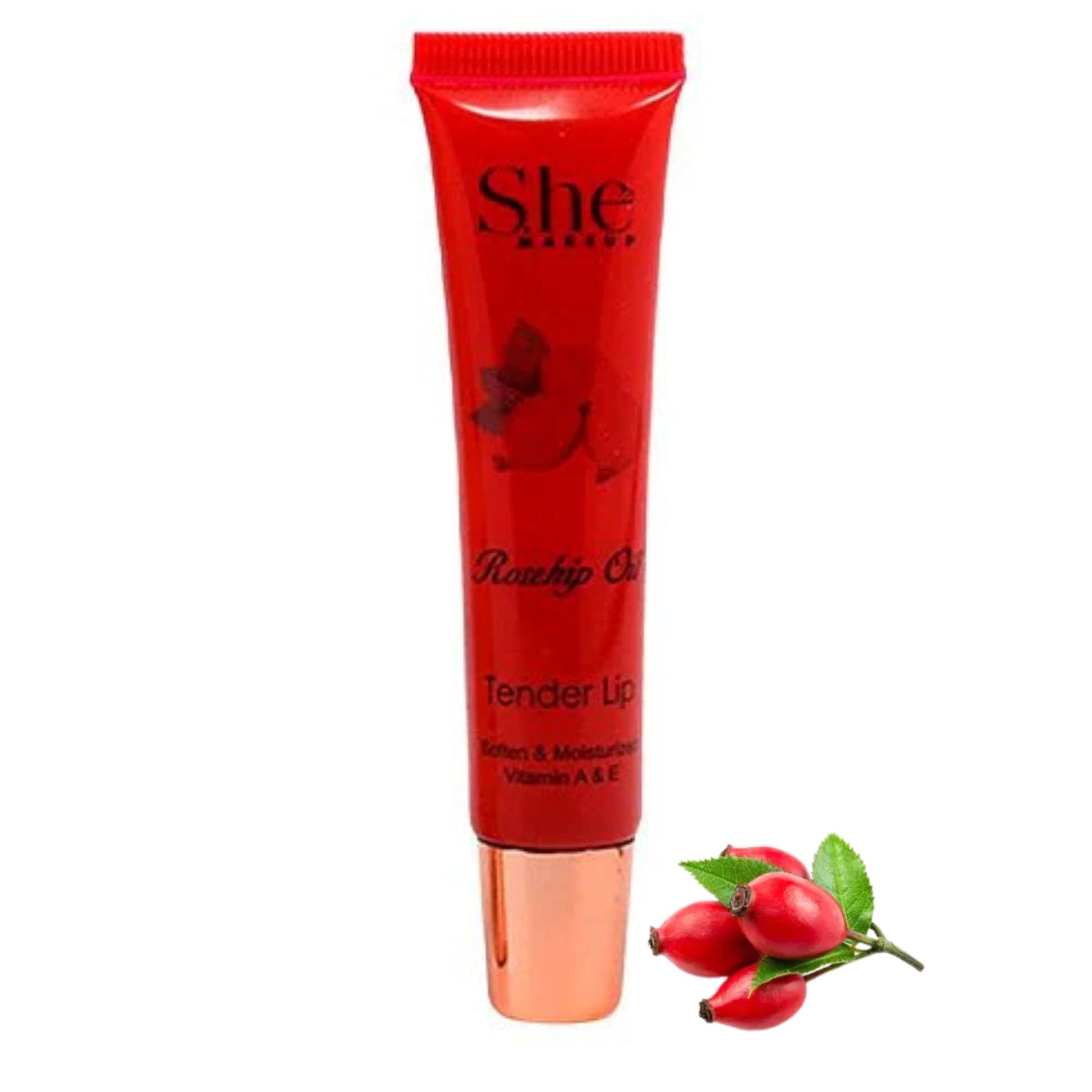 Red lip balm tube with 'She' branding and rosehip oil text, accompanied by rosehip fruits on a white background.
