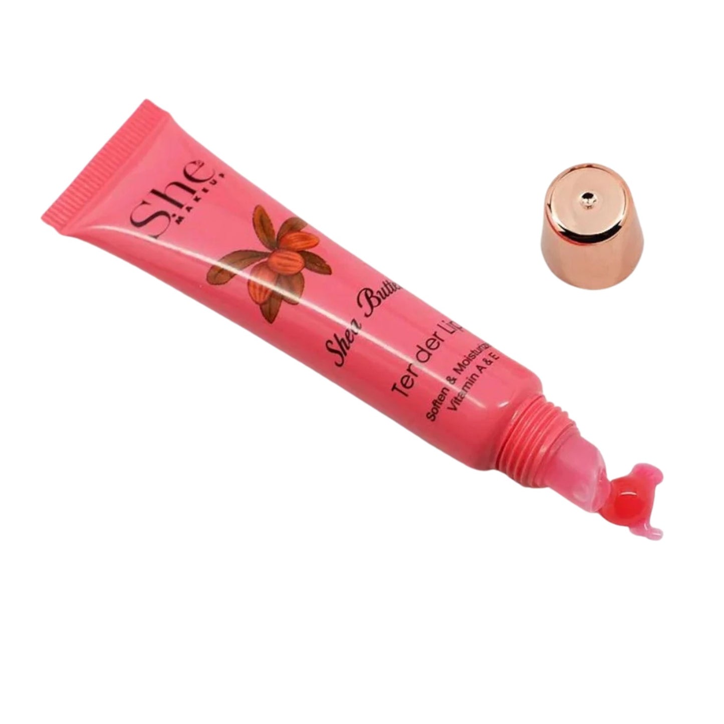 Pink skincare tube with a gold cap on a white background