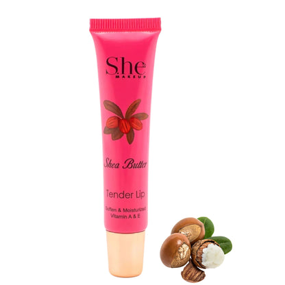 Shea Butter Tender Lip balm with shea butter nuts and leaves on a white background