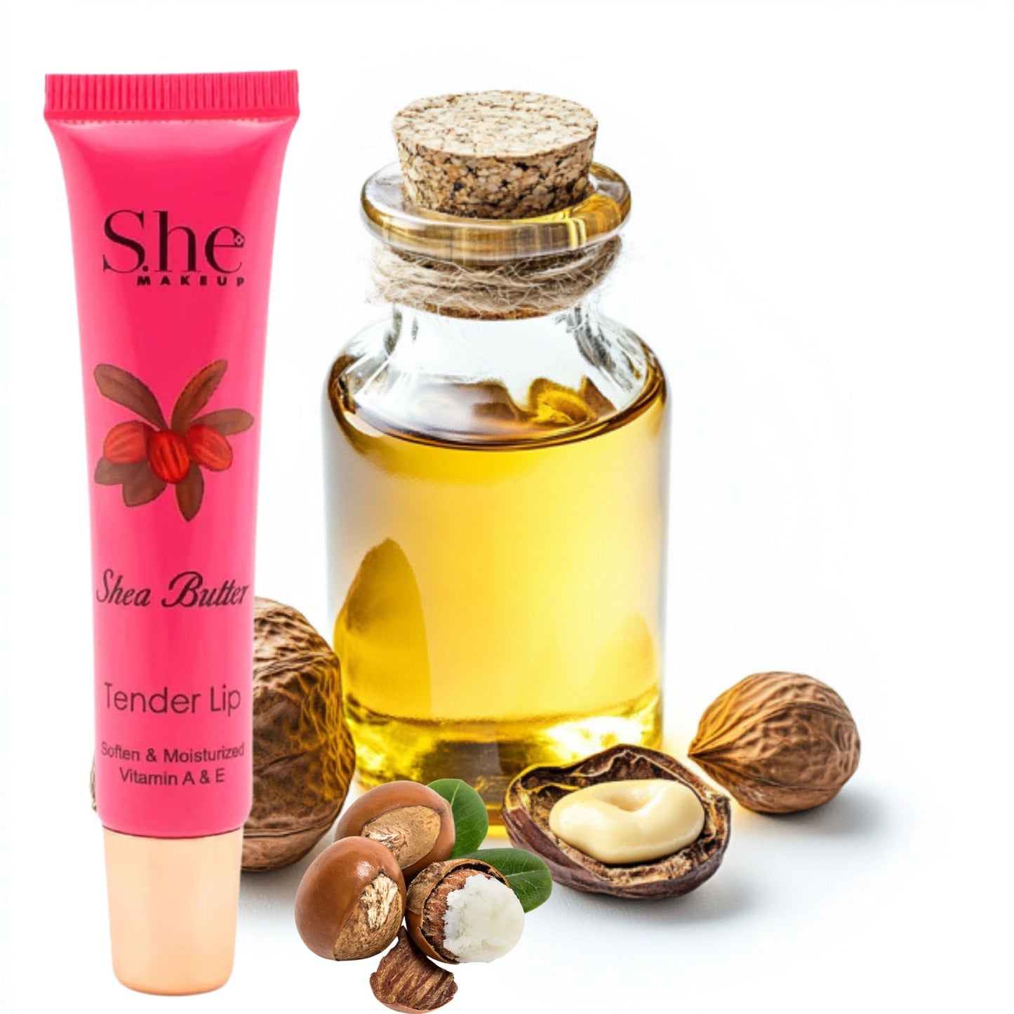 Shea butter lip balm and oil with shea nuts on a white background