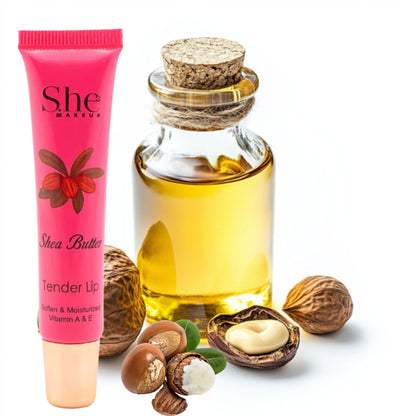 Shea butter lip balm and oil with shea nuts on a white background