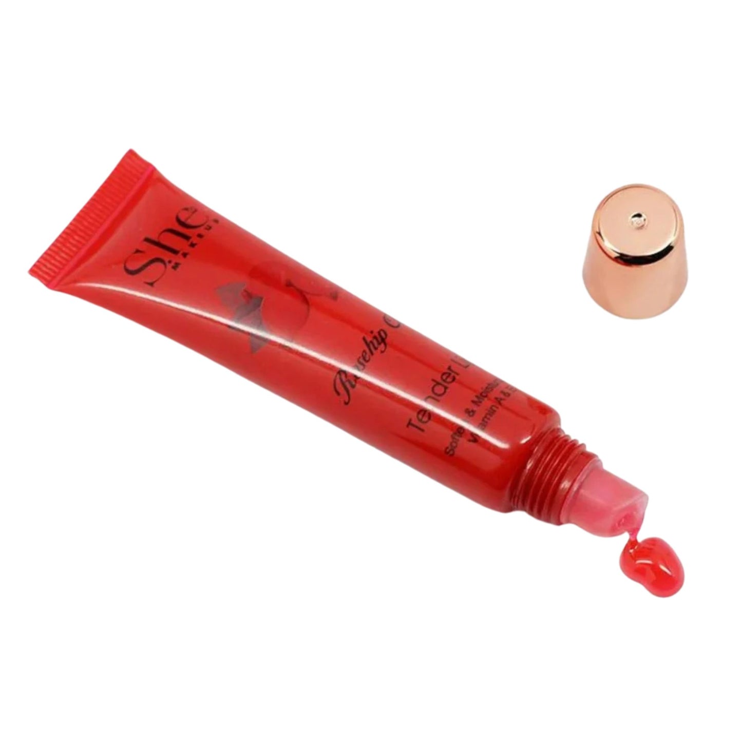 Red lip gloss tube with a droplet of gloss on a white background