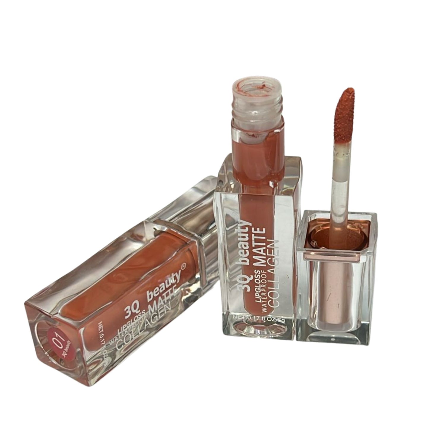 Lip gloss with applicator and packaging on a white background