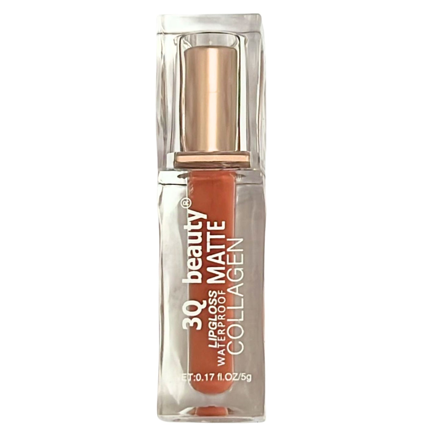 Lip gloss with gold cap and clear container on a white background