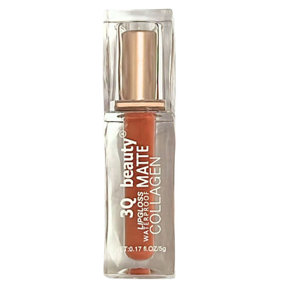Lip gloss with gold cap and clear container on a white background