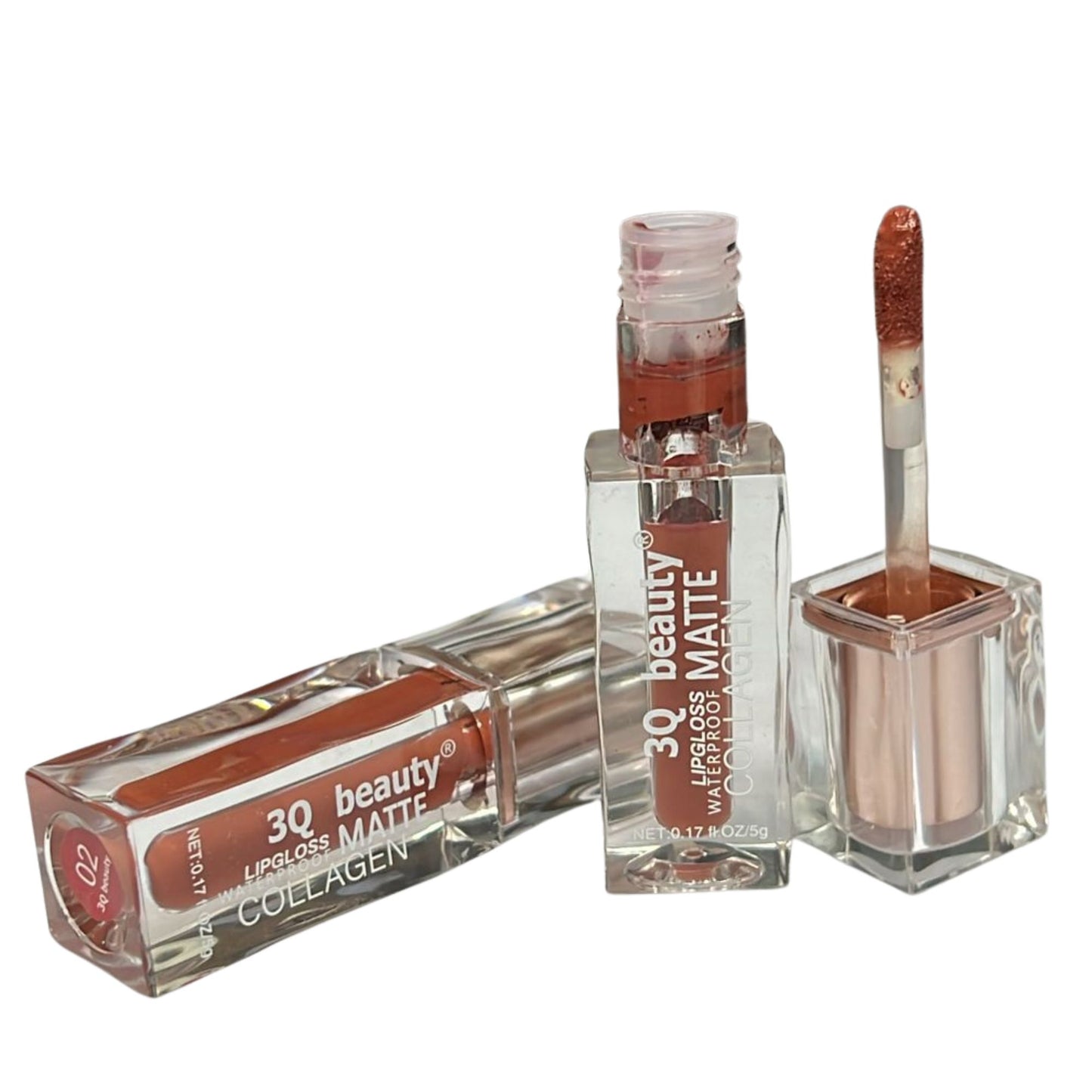 3Q Beauty lip gloss with applicator on a white background