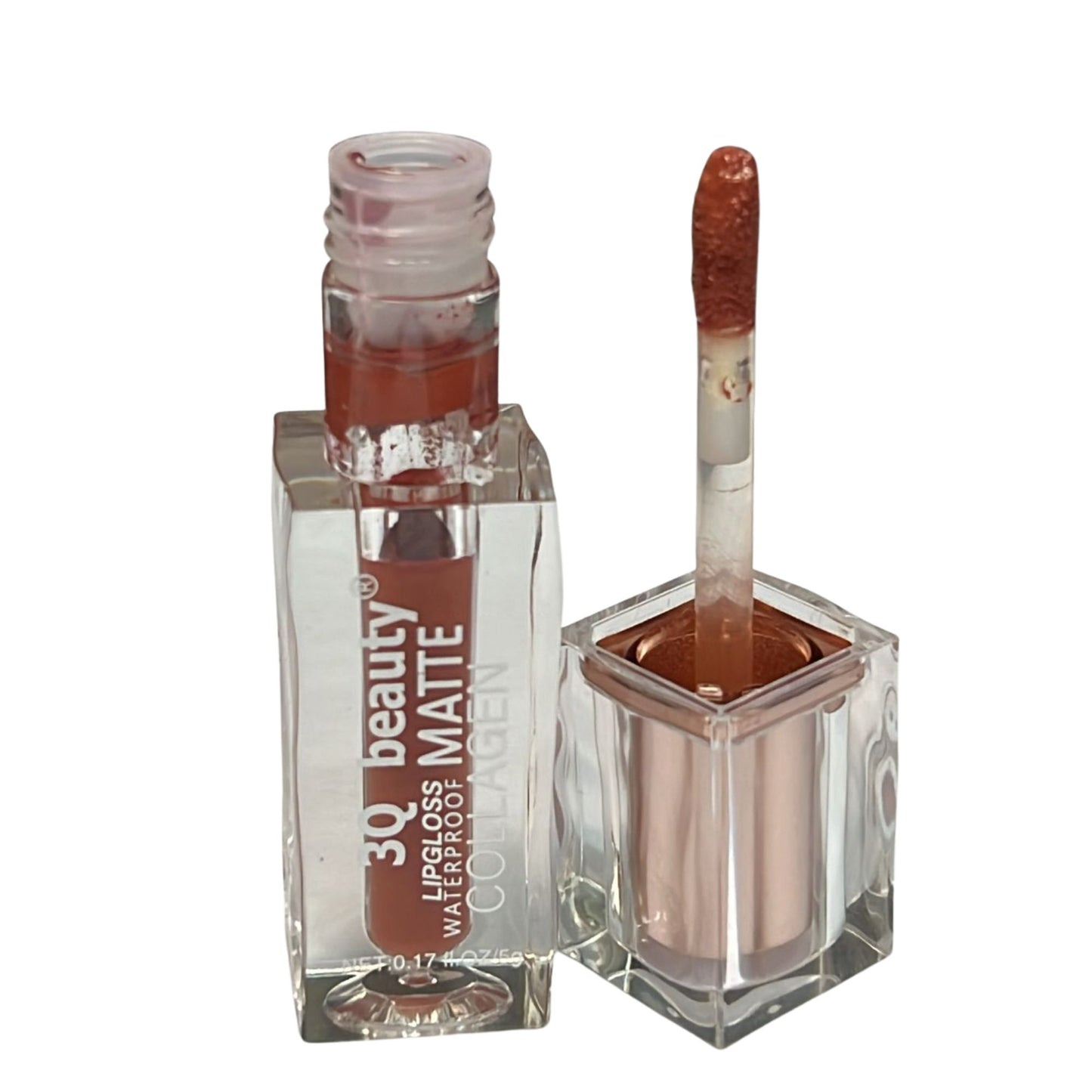 Lip gloss with applicator and clear container on a white background