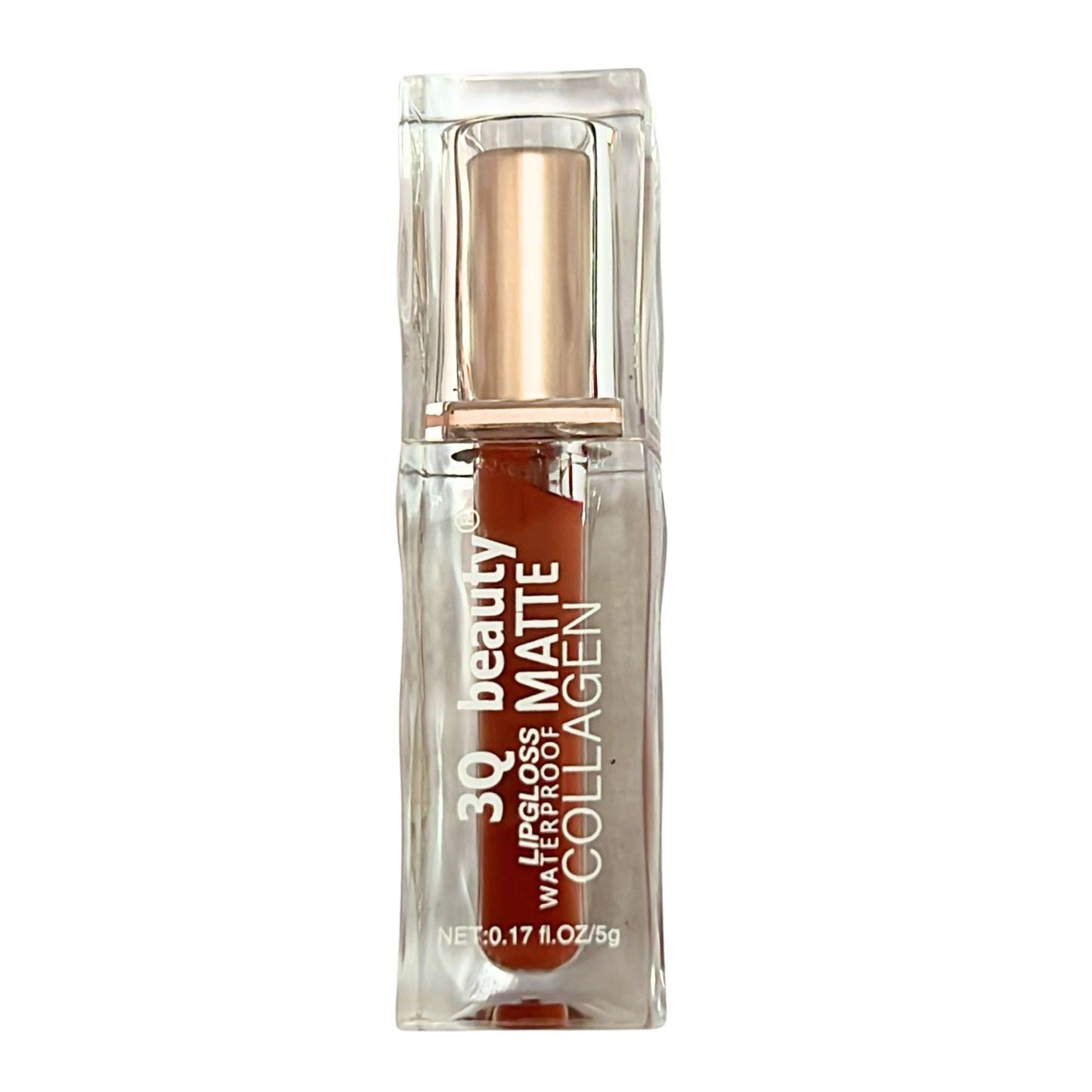 Lip gloss with gold cap and clear container on a white background