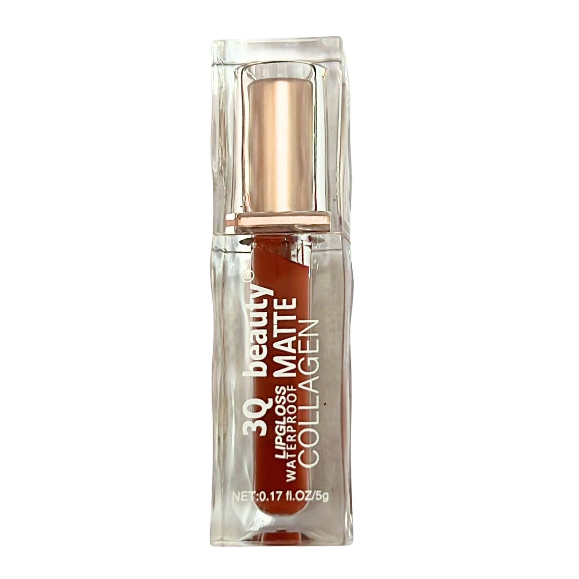 Lip gloss with gold cap and clear container on a white background