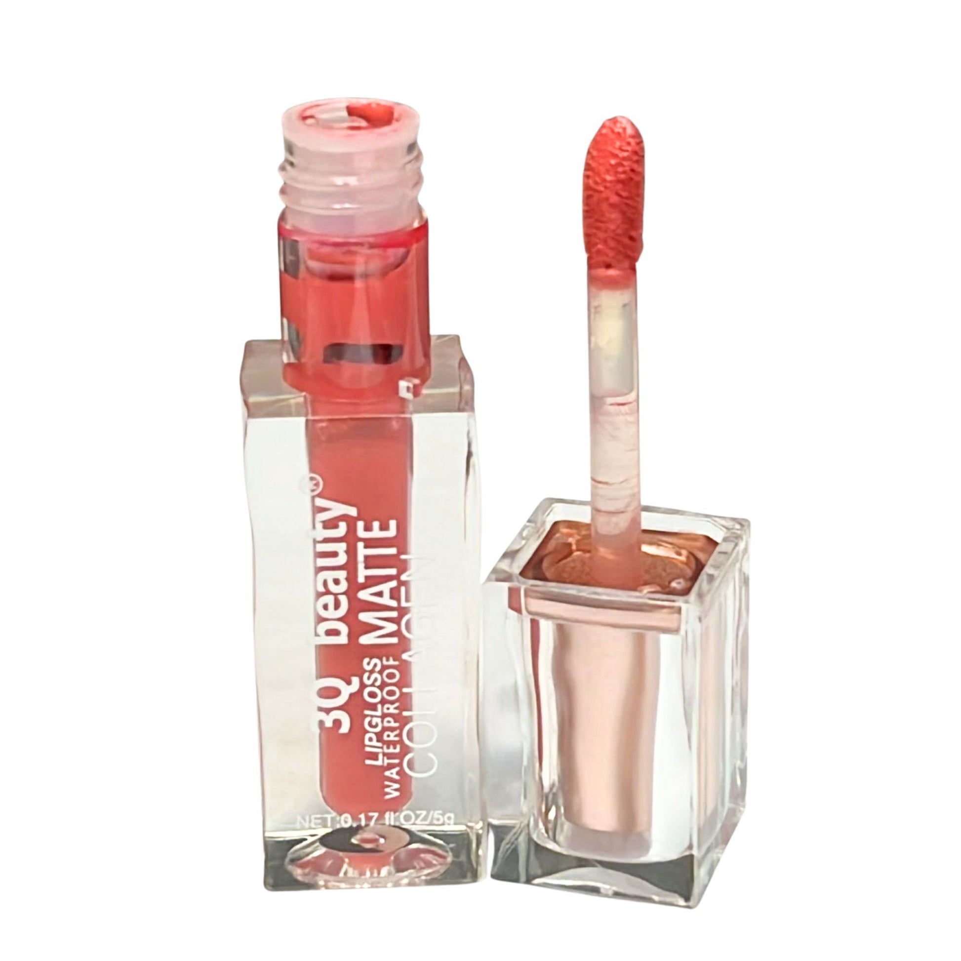 Lip gloss with applicator and packaging on a white background