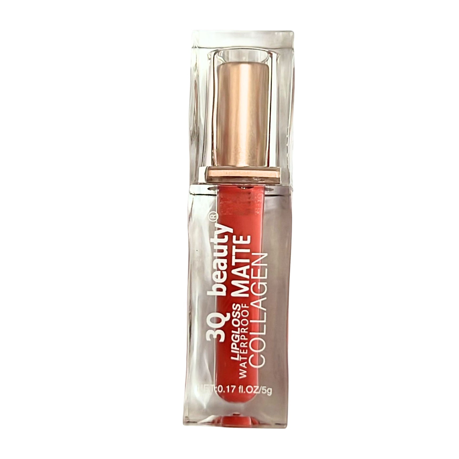 Lip gloss with gold cap and red body on a white background