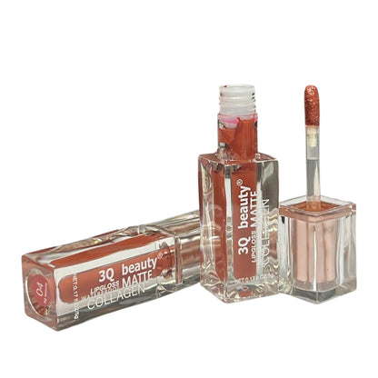 3Q beauty lip gloss with packaging on a white background