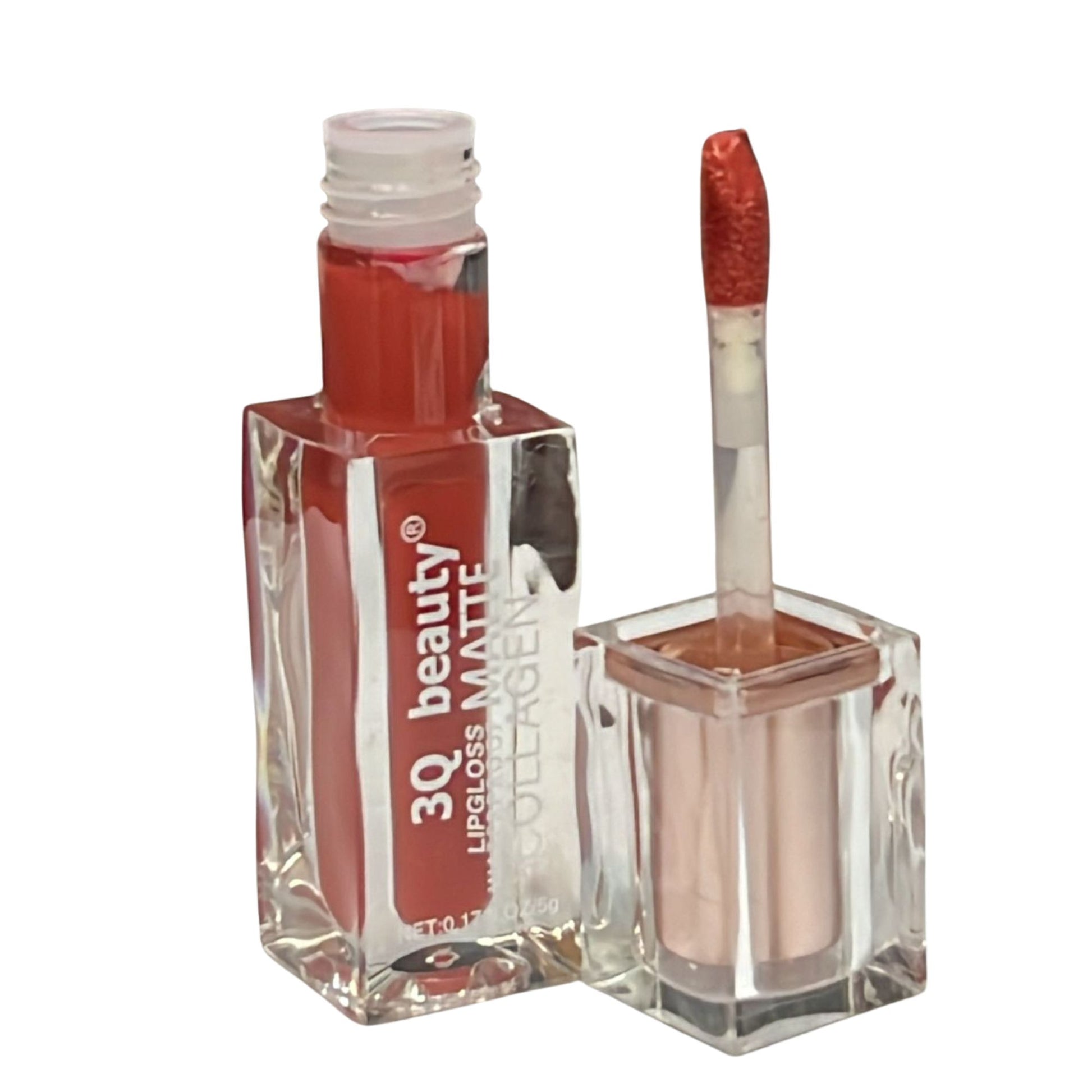 Lip gloss with applicator and clear container on a white background