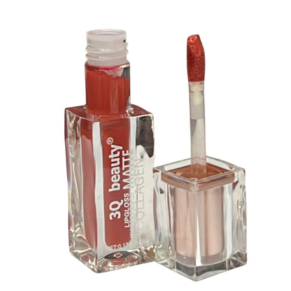Lip gloss with applicator and clear container on a white background
