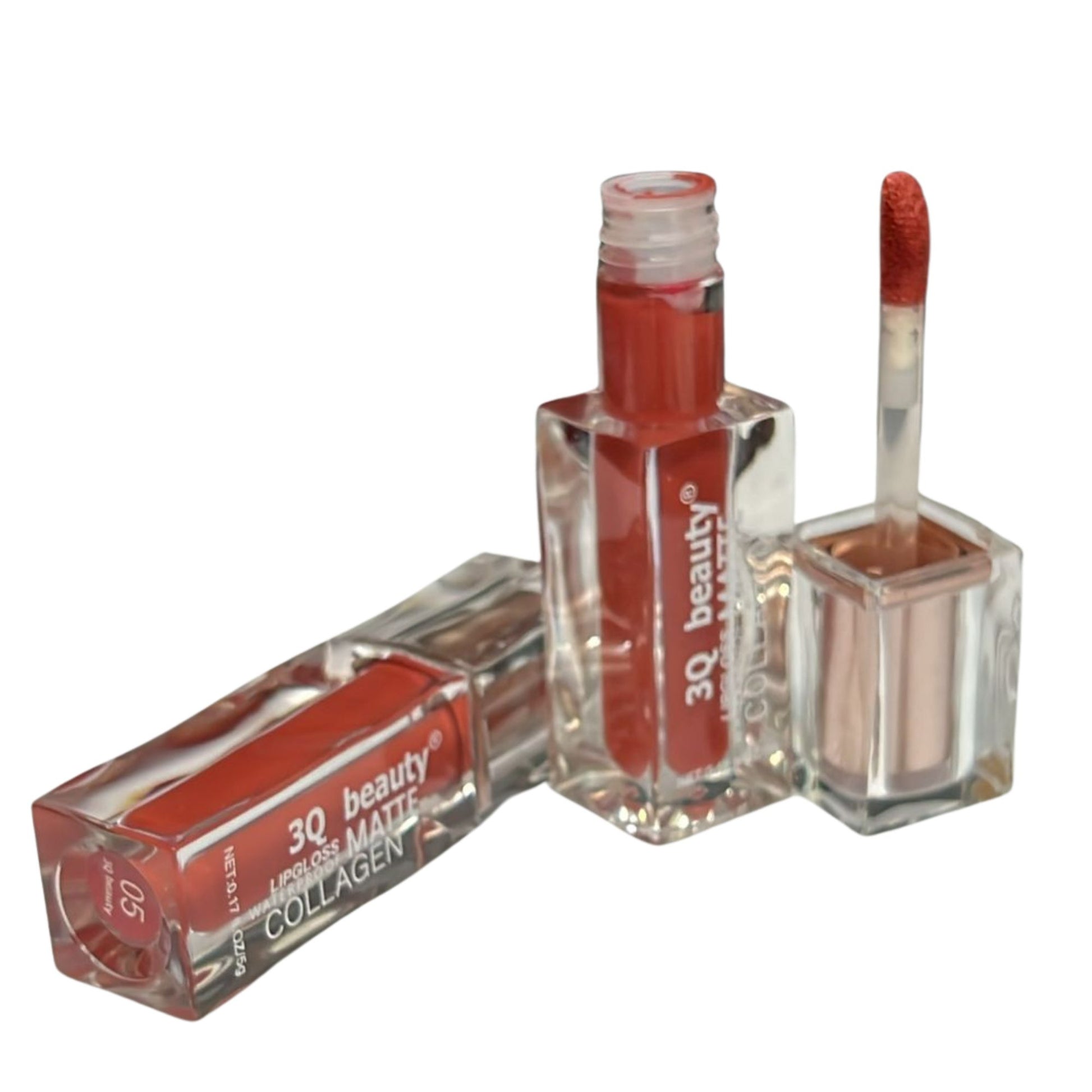 Lip gloss with applicator and packaging on a white background