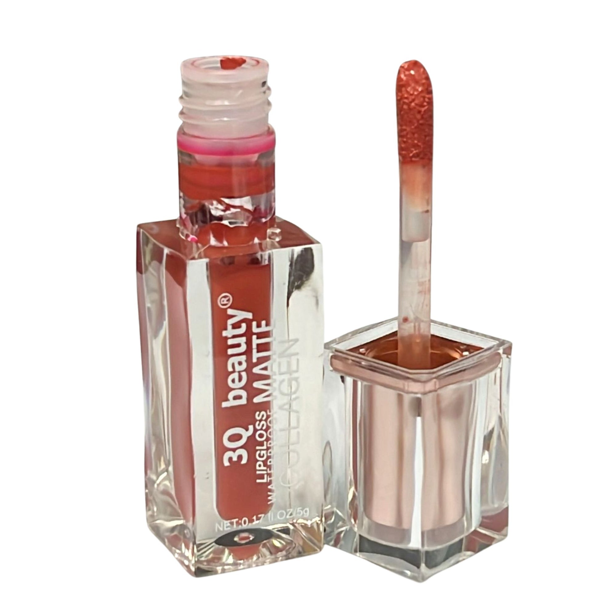 Lip gloss with applicator and visible brand name on a white background